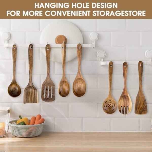 Kitchen Utensils Set 8 Piece Teak Wooden Cooking Utensil Set Non-Stick Pan Wood Spoons and Spatula Cookware for Home Everyday Use &Kitchen Tools - Image 4