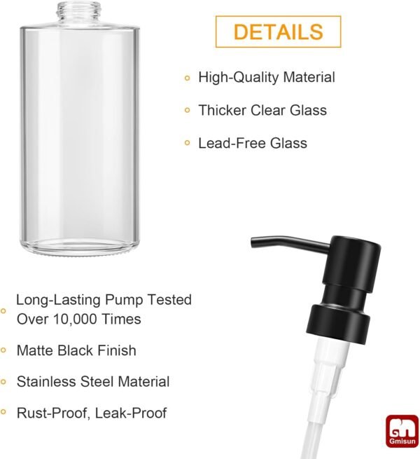 GMISUN Glass Soap Dispenser with Stainless Steel Pump, Clear Soap Dispenser, Hand Soap Dispenser for Bathroom, 12oz Dish Soap Dispenser for Kitchen, Modern Refillable Liquid Soap Dispenser Bottle - Image 3