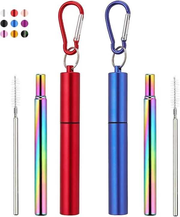 2 Pack Collapsible Stainless Steel Drinking Straws, Cruise Essentials, Reusable Straws, Stainless Steel Straws with 2 Aluminum Case, 2 Brush, 2 Metal Straw, and 2 Keychains（Blue+Red)