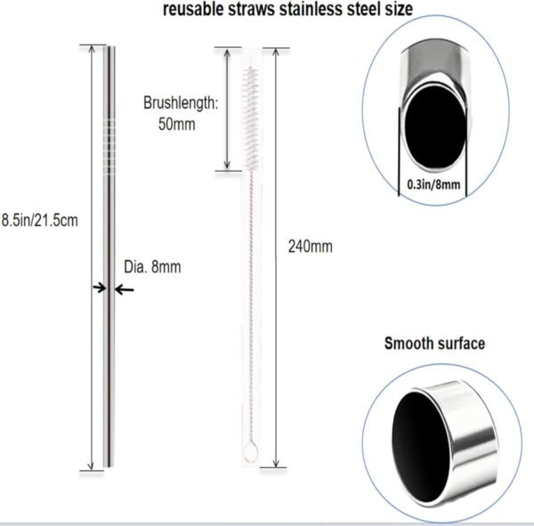 2 pack Stainless Steel Straws, 8.5in*0.3in Reusable Stainless Steel Straws with Suction Brush and Silicone Extension Nozzle, Reusable Drinking Straws Suitable for home and outdoors. - Image 2