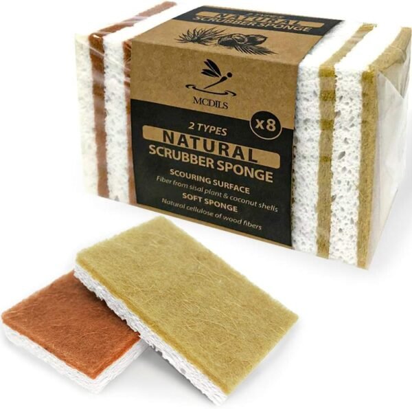 Eco sponges 2 Types Natural Plant Based Scrub Sponge 8 Pack Palm Fiber Scrubbing Sponge with Non Scratch Compostable Sponges Durable No Odor Kitchen Scrubber Eco Friendly Kitchen sponges