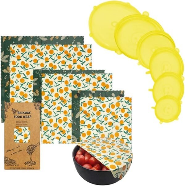 12 Pack - Eco-Friendly, Reusable, & Washable Container Set of Beeswax Food Wraps, Airtight Silicone Lids 6 - Beeswax Wraps, 6 - Silicone Lids