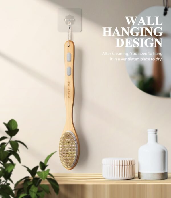 POPCHOSE Shower Brush, Back Scrubber for Shower with 17-Inch Wooden Long Handle, Dual-Sided Dry Brushing Body Brush with Soft & Stiff Bristles, Body Scrubber for Wet or Dry Exfoliation - Image 6