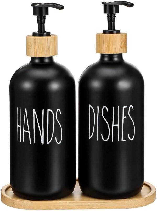 Black Soap Dispenser Set, Contains Dish Soap Dispenser and Hand Soap Dispenser. Glass Soap Dispenser with Stainless Steel Pump, Perfect for Kitchen Decor and Accessories - Black