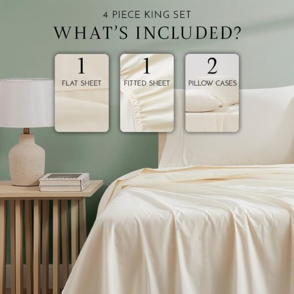 Linen Closet Luxury Cotton 300 Thread Count Organic Cotton 4-Piece Sheet Set, King, Fresh Ivory - Image 2