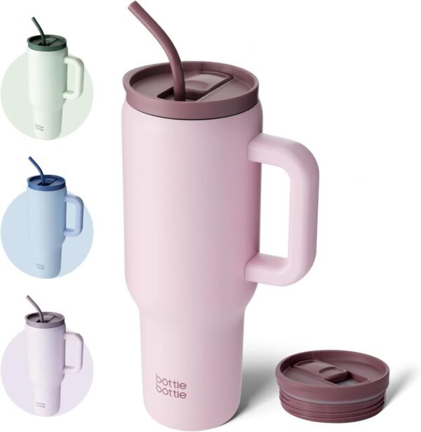 BOTTLE BOTTLE 40 oz Tumbler with Handle and Straw,Stainless Steel Vacuum Travel Mug,Car Cup with Straw, Stainless Steel Vacuum Water Bottle for Gifts Party Office Coffee (Pink)