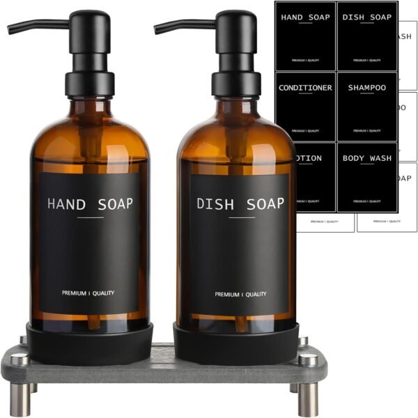 Kitchen Soap Dispenser Set with Tray, Amber Glass Soap Dispenser with Stainless Steel Pump, Hand and Dish Soap Dispenser Set, 12 Pack Labels & Instant Dry Tray, Bathroom Soap and Lotion Dispenser