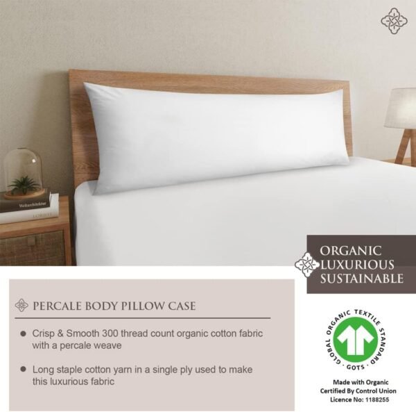 Bioweaves 100% Organic Cotton Percale Weave Body Pillow Cover with Zipper – Crisp, Soft & Naturally Cooling, 300 Thread Count GOTS Certified Body Pillow Pillowcase – 21” x 54”, White - Image 2