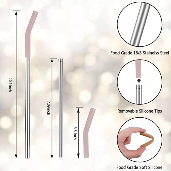 Tronco Set of 6 Stainless Steel Reusable Metal Straws with Silicone Flex Tips Elbows Cover, Metal Drinking Straws for Tronco Tumbler, 6 Steel Straws,6 Silicone Tips,1 Straw Cleaning Brush - Image 2