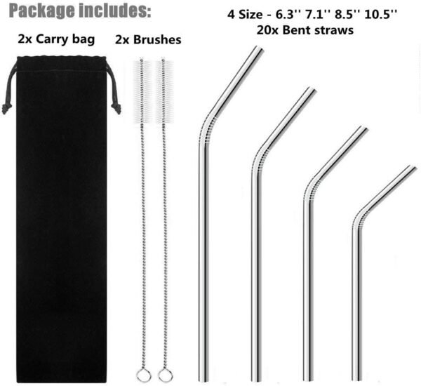 Reusable Stainless Steel Drinking Straws, 20 Pcs 4 Size - 6.3'' 7.1'' 8.5'' 10.5'', BPA Free Long Short Smoothie Drinking Curved Bent Straws with 2 Brushes and Carry Bag, Fit for 10/20/30 oz Tumblers - Image 3