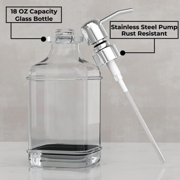GLADPURE Soap Dispenser - 2 Pack, 18 Oz Antique Design Thick Glass Hand Soap Dispensers; with 304 Rust Proof Stainless Steel Pump, 6Pcs Clear Stickers, for Kitchen, Bathroom - Silver - Image 2