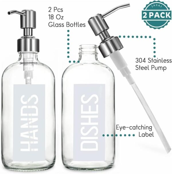 JASAI 2Pack 18OZ Glass Soap Dispenser with Rustproof 304 Stainless Steel Pump, Kitchen Soap Dispenser with Hands & Dishes Label, Refillable Dish Soap Dispenser for Kitchen (White) - Image 3