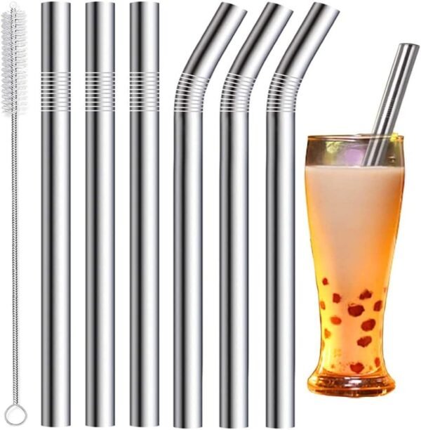 Vinaco Stainless Steel Smoothie Straws, 0.5'' Extra Wide Reusable Metal Drinking Straws for Milkshakes, Bubble Tea, Smoothie, Set of 6 Jumbo Drinks with 1 Cleaning Brush