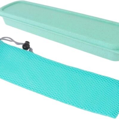 SHOWERORO Portable Wheat Straw Cutlery Box Solid Color Utensil Storage Box for Lunch Desktop Organizer with Reusable Tableware for Travel Office and Daily Use Black and Green
