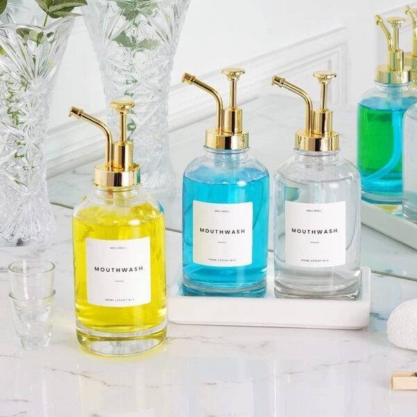 Molimoli Hand Bathroom Soap Dispenser Set, Glass Mouthwash Dispenser for Bathroom, Dish Soap Dispenser for Kitchen Sink, Soap Dispenser Pump, 500ml/16.9 Oz, Set of 2, Gold - Image 6