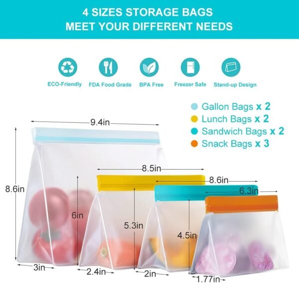 Reusable Food Storage Bags Stand Up, 9 Pack Ziplock Reusable Freezer Bags, Leakproof Storage Gallon Bags, Reusable Food Bags, Sandwich Bags, Reusable Snack Bags - Image 2