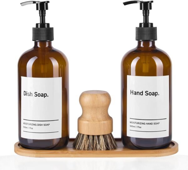 SIDIQI Design Glass Soap Dispenser Set of 2 with Plastic Pumps, Bamboo Tray, Brush & Labels - Ideal for Bathroom & Kitchen Countertop - 500ml/17 Oz
