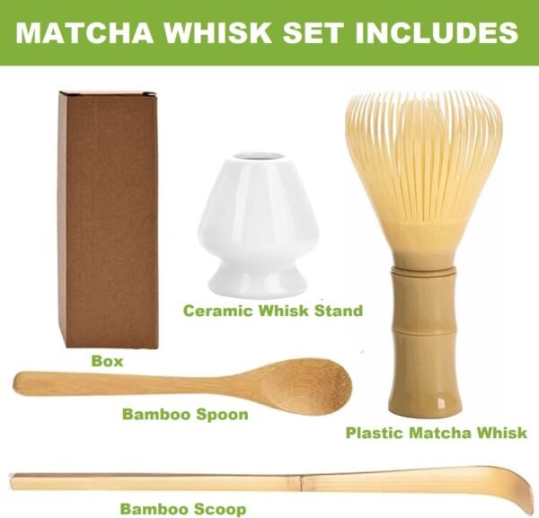 Matcha Whisk Set, Japanese Tea Set (4pcs) includes PP Resin Matcha Whisk, Bamboo Spoon, Scoop and Ceramic Matcha Whisk Holder, Tea Making Tools, Matcha Kit, Ceremony Gifts (Green) - Image 2