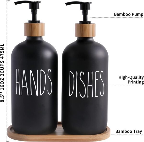 MOMEEMO Matte Black Glass Soap Dispenser Set - Hand and Dish Soap Dispensers Suitable for Rustic Kitchen Decor (Black) - Image 7