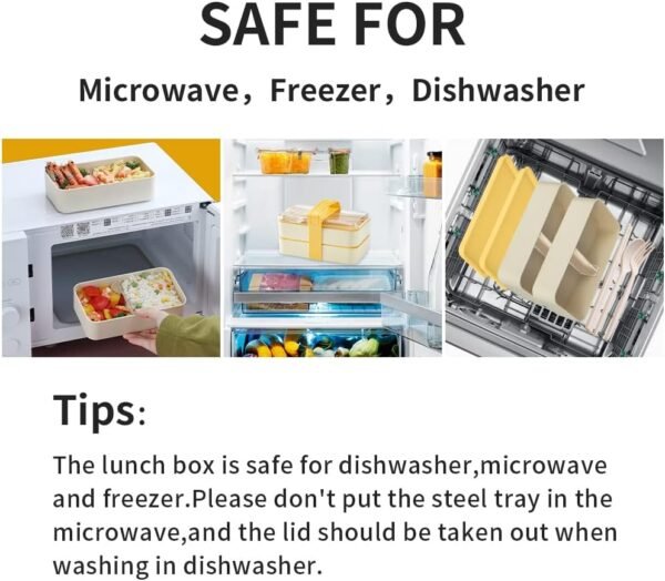 ArderLive Stackable Lunch Bento Box with Bag and Utensils, Microwave Safe, BPA-Free Eco-Friendly Lunch Containers for Adults Japanese, Yellow Denim Bag with Bonus Dip Container - Image 2