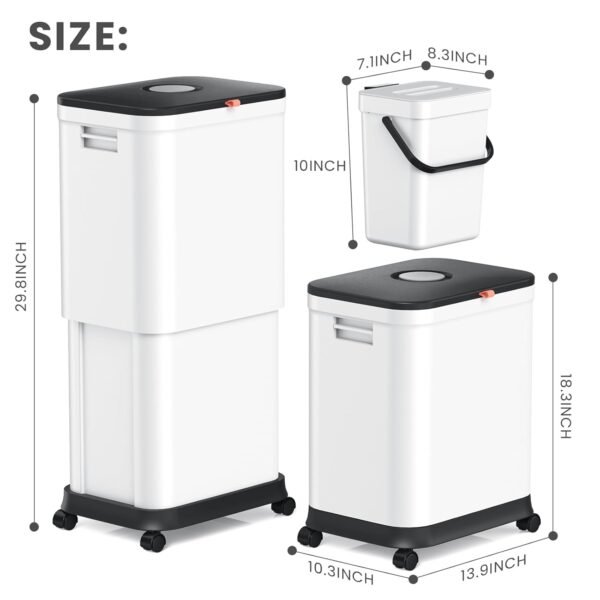 Garbage Can with Wheels,20L-45L Adjustable Capacity Kitchen Trash Can with Lid and 5L Mini Countertop Compost Bin Set, Plastic Trash can for Bathroom, Bedroom, Office (45Liters + 5Liters) - Image 3