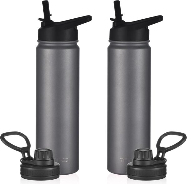 mininoo 24 oz Insulated Water Bottle with Straw, Stainless Steel Double Wall Vacuum Thermos with Straw Lid & Chug Lid, Leak Proof, BPA Free, Keep Cold for 24H & Hot for 12H-2 pack(Grey)