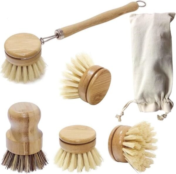 Dish Brush with Wooden Handle, Bamboo Kitchen Cleaning Brush, Natural Dish Scrub Brush for Vegetable, Pots and Pans, Scrubber,Includes 5 Replacement Brush Heads (5Pcs)