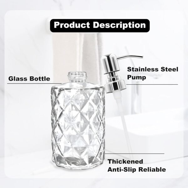 2 Pack 12 Oz Glass Soap Dispenser with Stainless Steel Pump, Refillable Liquid Hand Soap Dispenser for Bathroom, Vanity Countertop,for Kitchen, Laundry Room, Home Decor Accessories (Silver) - Image 2
