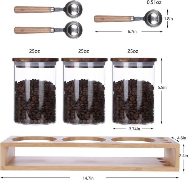 KKC HOME ACCENTS Sealed Glass Food Storage Jars with Scoop for Kitchen Counter,Glass Tea Canisters for Loose Tea,Ground Coffee,Bean,Sugar,Nut,Wooden Top Glass Containers with Spoons,25 Fluid-oz - Image 2