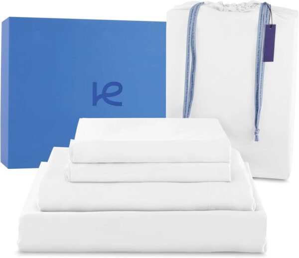 Kickoff 100% Organically grown Viscose Bamboo 4-pc Bedding Sheet Set, Queen Size, Cooling & Breathable, Double Stitching, Flat & Fitted Sheets, Pillowcases Pillow Covers (Queen, Snow White)