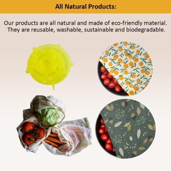 Reusable Beeswax Food Wrap- Silicone Stretch Lids - Reusable Produce Bags, Eco Friendly Food Storage, Dishwasher & Freezer Safe, Reusable Grocery Bag for Storage, 15 Pack (6 Wrap 3 Bags 6 Lids) - Image 6