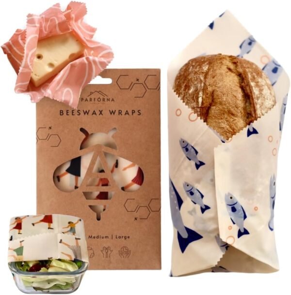 Parforna Beeswax Food Wraps - Reusable & Sustainable Wraps in 3 Sizes, Plastic Film Alternative, Food Storage Wraps, Bread Sandwich Wrapper, Eco-Friendly, Organic, Zero-Waste, Fresh Food For Longer