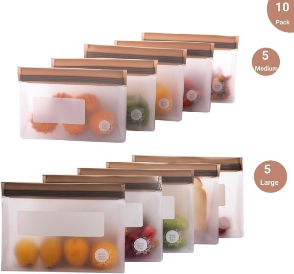 Food Storage Bags Multipack – Non-BPA Silicone Bags Reusable Storage - Freezer Dishwasher Safe Sandwich Baggies (10 Pack of 5 Large, 5 Medium Bags (Grey)) - Image 2