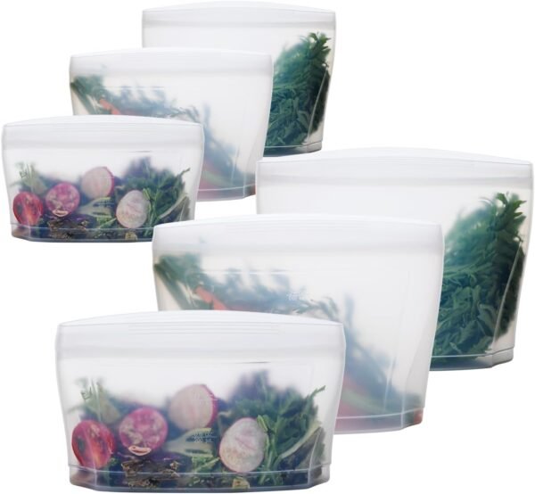 Reusable Silicone Food Storage Bag, Set of 6 White Stand Up Food Storage Container, Reusable Zipper seal bag, no lid required, for Food Storage& Meal Prep, Freezer Oven Dishwasher - Safe