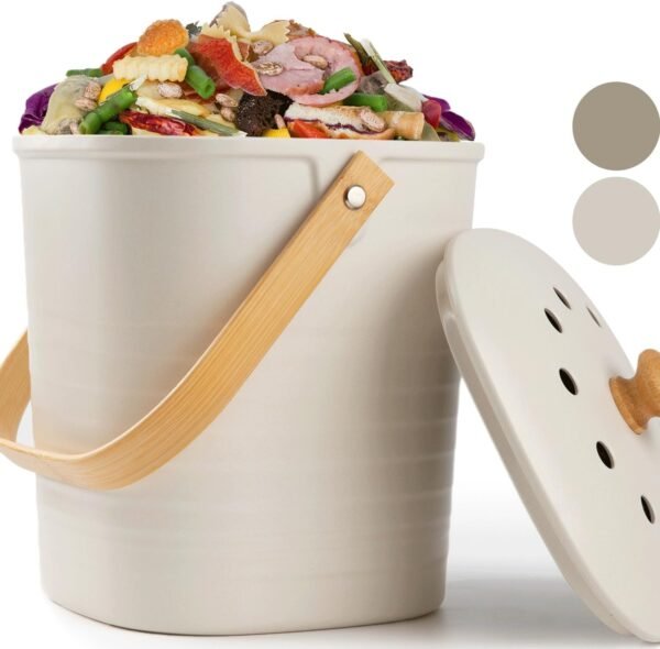 Yatmung Compost Bin Kitchen, Countertop Compost Bin, Compost Bucket Made of Bamboo Fiber, Small Compost Bin with Charcoal Filter, Cream