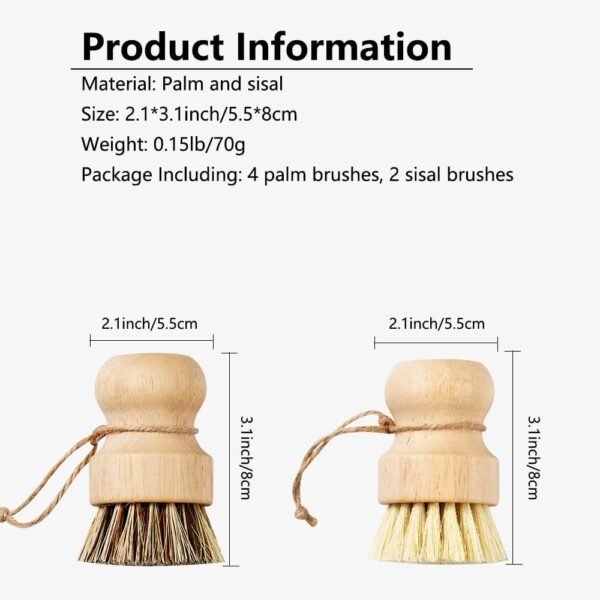 Bamboo Scrub Brush 6Pcs, UNOSCHRIM Palm and Sisal Pot Brush Set, Durable Wood Kitchen Dish Brush, Multifunctional Mini Cleaning Kit for Cleaning Pots, Dishes, Sinks, Fruits and Vegetables - Image 2