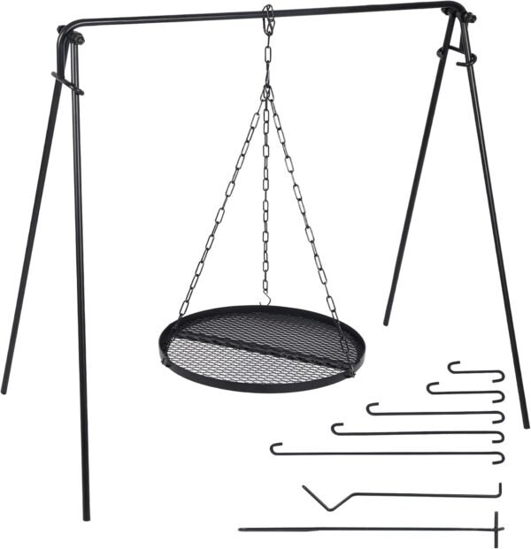 REDCAMP Grill Swing Campfire Grill Stand with Iron Grill Grate, Collapsible Campfire Cooking Rack w/6 Hooks, Portable Cookware Hanging Rack Outdoor Camping Bonfire for Cookware & Dutch Oven, Round