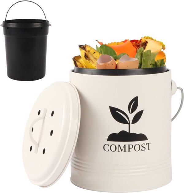 Compost Bin Kitchen Countertop, Indoor Compost Bin with Inner Bucket, 1.15 Gallon Small Compost Bin with Lid, Indoor Composter Bin Counter Compost Pail Food Waste Bin Includes 3PCs Carbon Filter Cream - Image 9