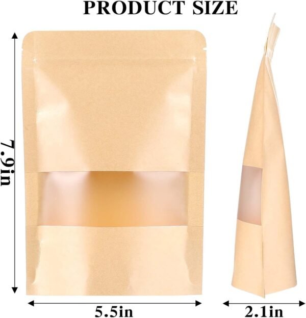 100 PCS Resealable bags, 5.5" x 7.9" Stand Up Kraft Paper Bags with Matte Window, Zip Lock Food Storage Bags for Packaging Products, Reusable, Sealable - Image 2