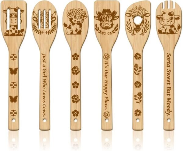 GLOBLELAND 6Pcs Farm Cow Wooden Spoons Utensil Set Bamboo Carving Kitchen Cooking Utensils Wooden Engraved Cooking Spatula Set for Kitchen Fun House Warming Gift