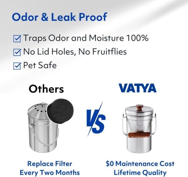 Vatya Stainless Steel Kitchen Compost Bin - NO Filter Countertop Composter, Composting Bucket, Counter Top Small Indoor Food Waste Container with Lid, Odorless Stainless Steel Pail, Small 0.5 Gallon - Image 3