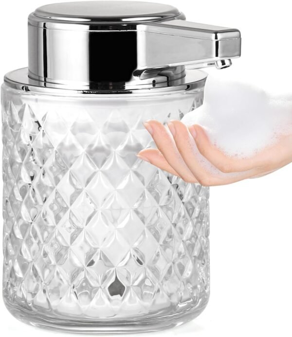 Automatic Soap Dispenser, Foaming Hand Soap Dispenser, Touchless Refillable Clear Glass Soap Dispenser with Pump, Diamond Embossed, Electric Dish Soap Dispenser for Bathroom, Kitchen