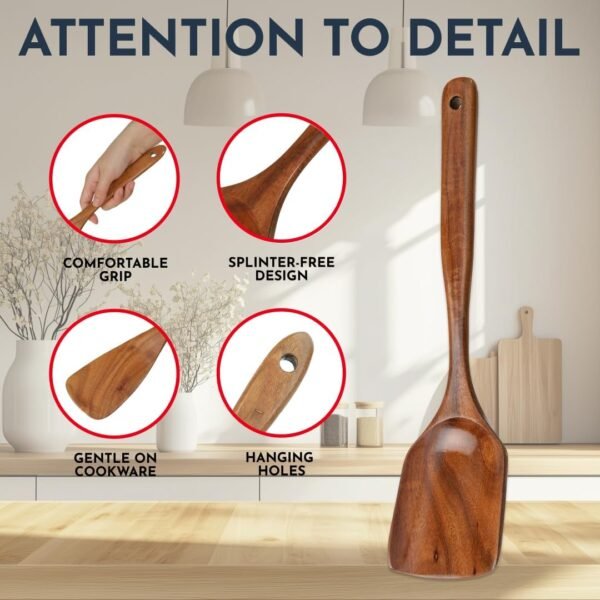 Teak Wooden Utensil Set 6-Piece - Smooth Finish Wooden Spoons for Cooking Comfortable Grip, Non Scratch Premium Teak Wood Kitchen Utensils Set - Image 3