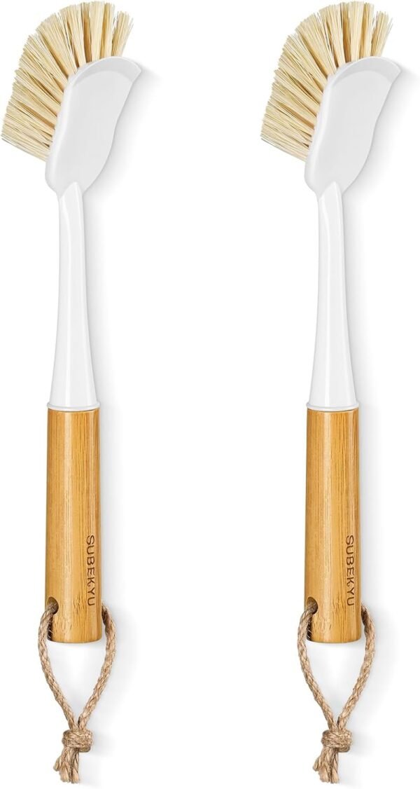 Dish Brush with Bamboo Handle Built-in Scraper, Kitchen Dish Scrubber for Washing Pans/Pots/Sinks, Natural Sisal Bristles, 2P