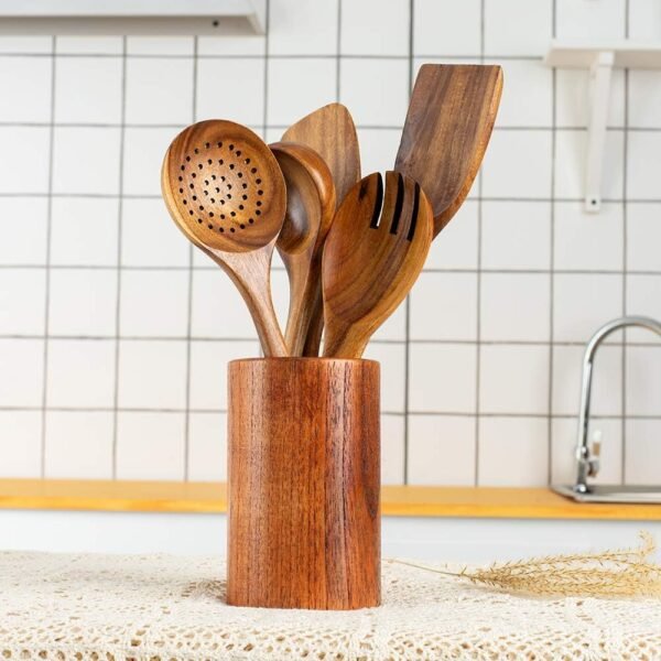 Wooden Kitchen Utensils Set, 5 PCs Natural Acacia Spurtle Set for Non-stick Pan Kitchen Tool Ladle and Wok Spatulas, Salad fork - Image 2