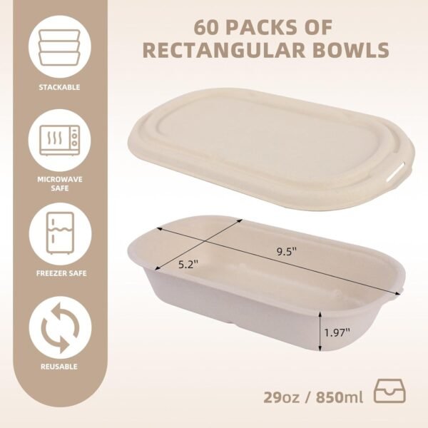60Pcs(29oz) Disposable Meal Prep Lunch Food Takeout Salads Sandwiches Bowls Containers with Lids,Compostable Biodegradable to go Food Microwavable Freezer Safe Containers for Party Camp out. - Image 2