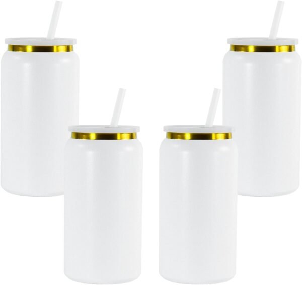 AGH 16oz Stainless Steel Can Tumbler with Lids and Straws,Double wall Golden Electroplate Drinking Can Cups,Reusable Water Tumbler with Straws For Ice Coffe Juice,Smoothie Cup,White,4Pack