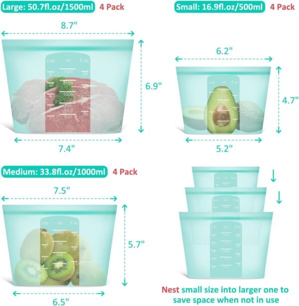 Reusable Food Bags, 12 Pack 100% Silicone Food Storage Bags Stand Up Zip Silicone Bags for Food Container, Freezer Microwave Oven Dishwasher Safe, 4 Large 4 Medium 4 Small, Aqua - Image 7