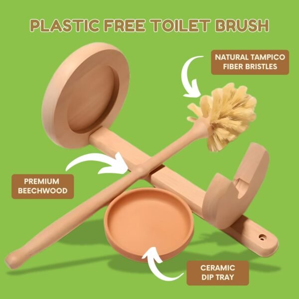 Beechwood Toilet Brush with Natural Tampico Bristles, Plastic Free Toilet Brush with Ceramic Dip Tray, Eco Friendly Toilet Brush, Zero Waste Wooden Toilet Brush and Holder Set - Image 3