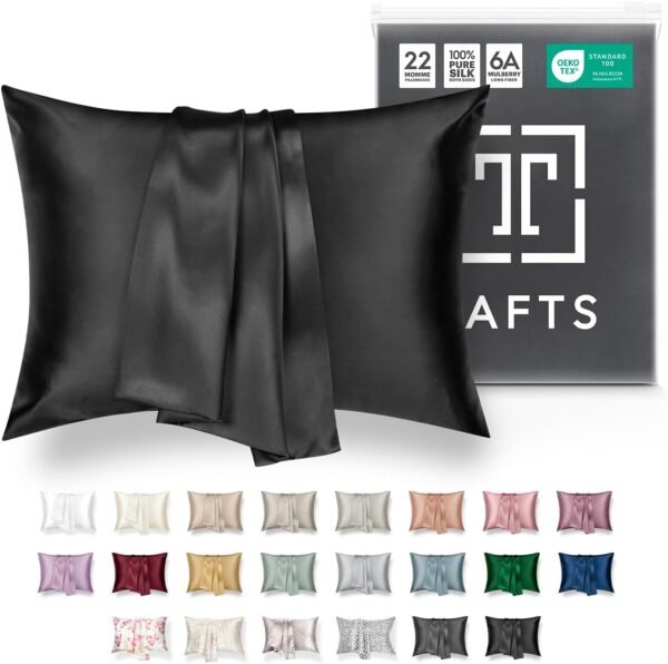 Tafts Silk Pillow Cases - 22mm 100% Pure Mulberry 6A Silk Pillowcase for Hair & Skin with Zipper Closure, Cooling, Natural, Organic, Double Sided Silk Pillow Case (Midnight Black, Queen 20x30 1pc)